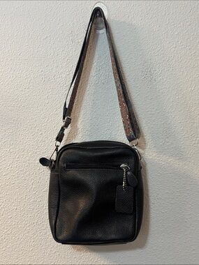 Black Pebbled Leather Crossbody Bag with Patterned Strap